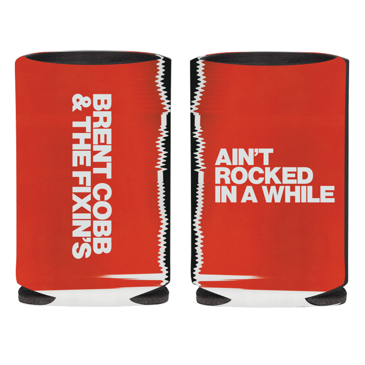 Red can coolers with white text on a white background