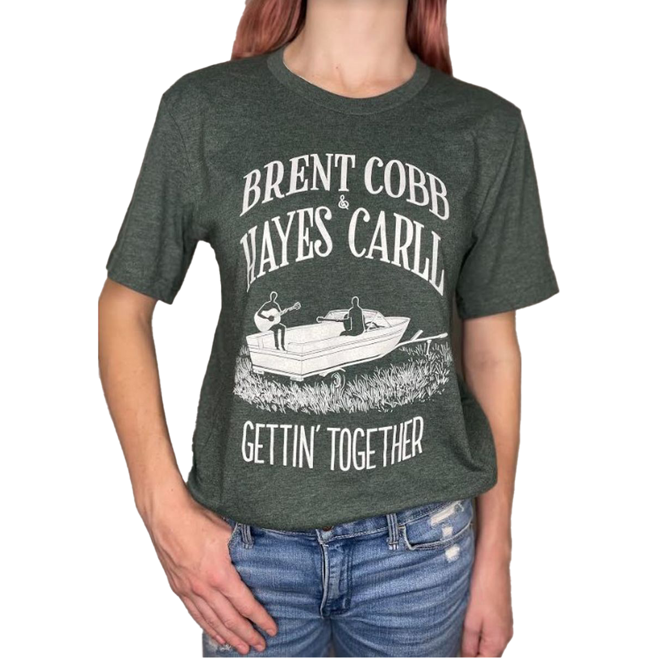 green tee with white text that reads "Brent Cobb & Hayes Carll, Gettin' Together" with white boat graphic
