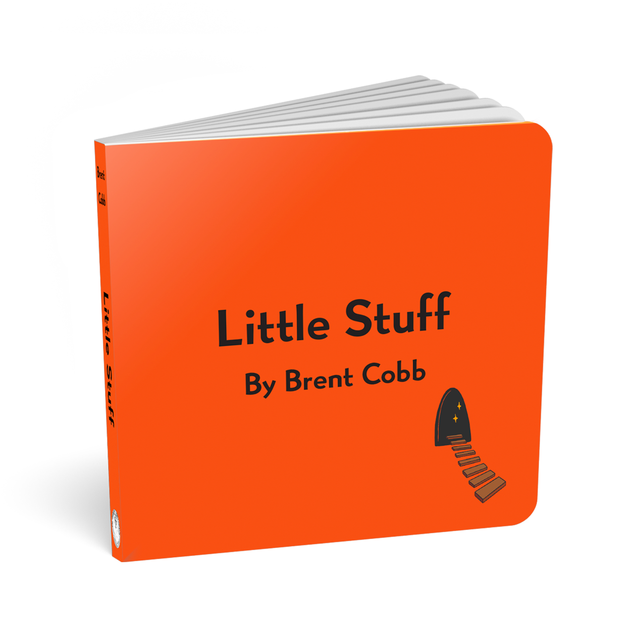 red childrens book, black text title reads "Little Stuff By Brent Cobb". window with stairs graphic.
