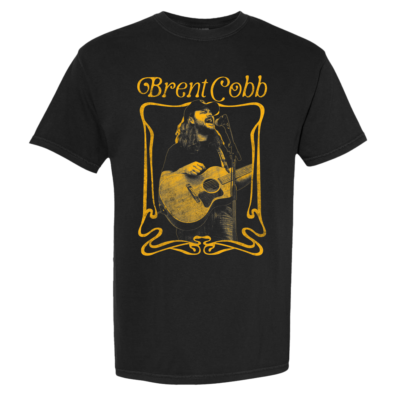 black tee, black and yellow Brent Cobb photo, yellow text reads "Brent Cobb"