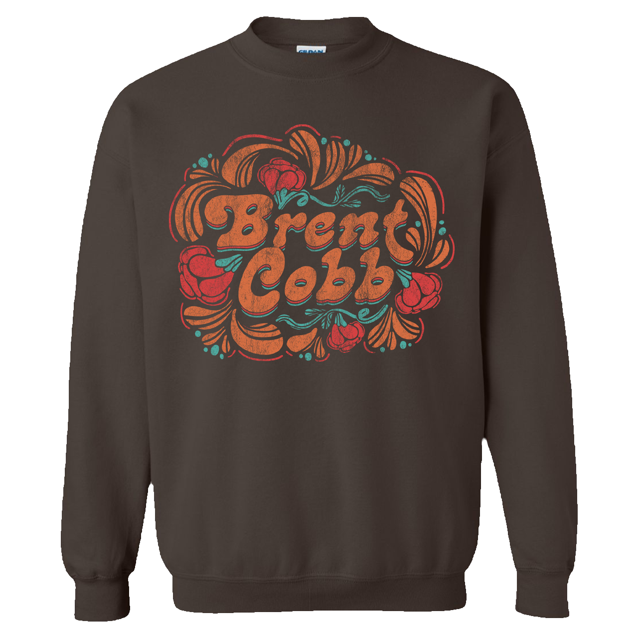 brown crewneck, orange text reads "Brent Cobb" with orange, red, and blue flower graphic