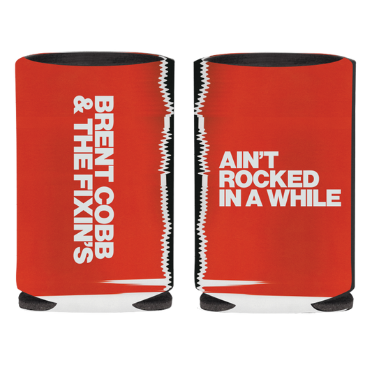 Red can coolers with white text on a white background