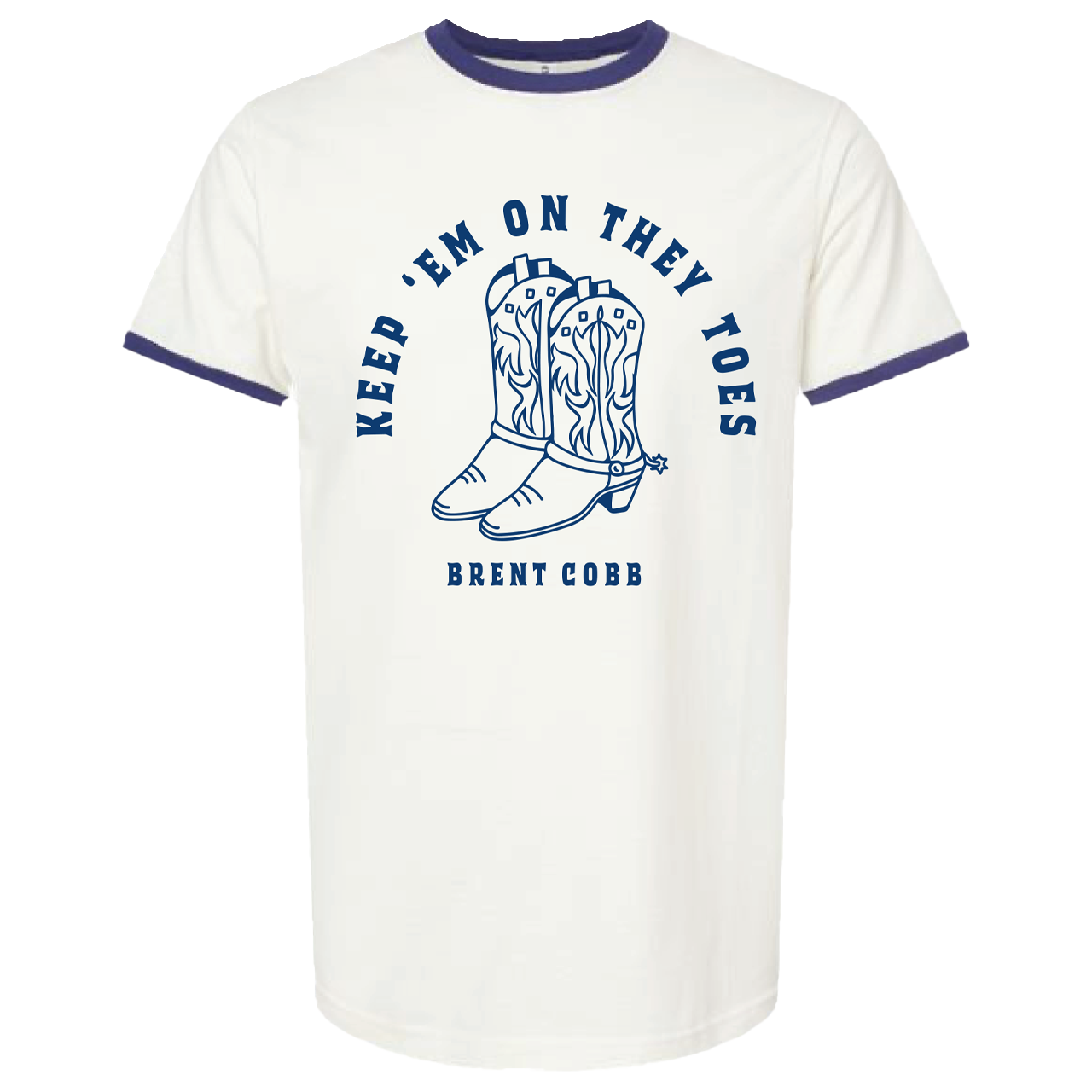White t-shirt with blue ringer design featuring cowboy boots and text on a white background